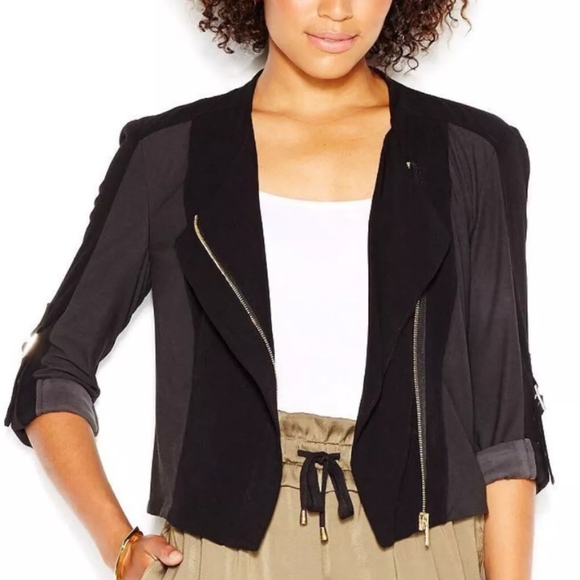 RACHEL Rachel Roy Jackets & Blazers - Rachel Rachel Roy Black Mixed Media Moto Style Cropped Jacket Size Medium